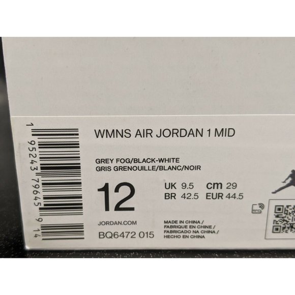 Nike Air Jordan 1 Mid Grey Fog Black White Women\'s Size 12 Men\'s Size 10.5 NIB